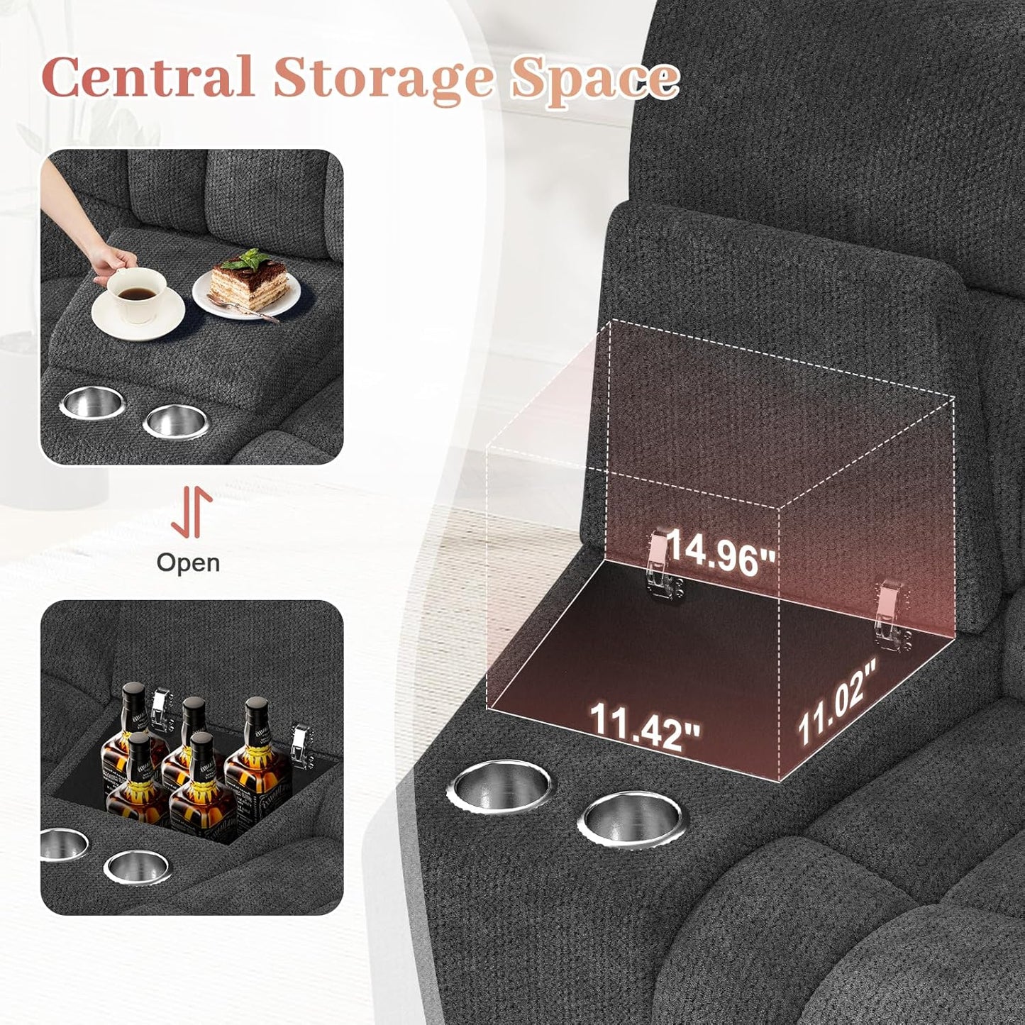 Loveseat Recliner Sofa, 2 Seater Curved Sofa for Living Room, Fabric Manual Pull Tab Reclining Loveseat with Storage Console, Recliner Loveseat Couches with USB Charge Ports, Cup Holders, Grey