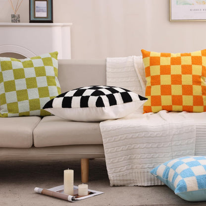 Alysheer Checkered Embroidered Decorative Throw Pillow Covers 18"x 18" Set of 2, Farmhouse Boho Orange Yellow Plaid Tufted Patterned Cotton Canvas Cushion Case for Sofa Couch Bed Living Room Outdoor
