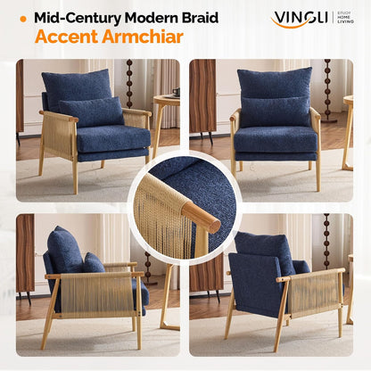 VINGLI Boho Braid Accent Armchairs Set of 2,Mid-Century Modern Chiars with Solid Wooden Armrest,Comfy Louge Cushion Chairs with Waist Pillow for Bedroom,Living Room,Reading Room, Blue