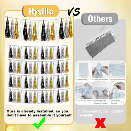 4P Black Gold Silver Foil Fringe Metallic Tassel Garland, Tassels Banner Streamers for Parade Floats, Bachelorette, Wedding, Birthday, Halloween, Christmas, Bridal/Baby Shower Party Decorations