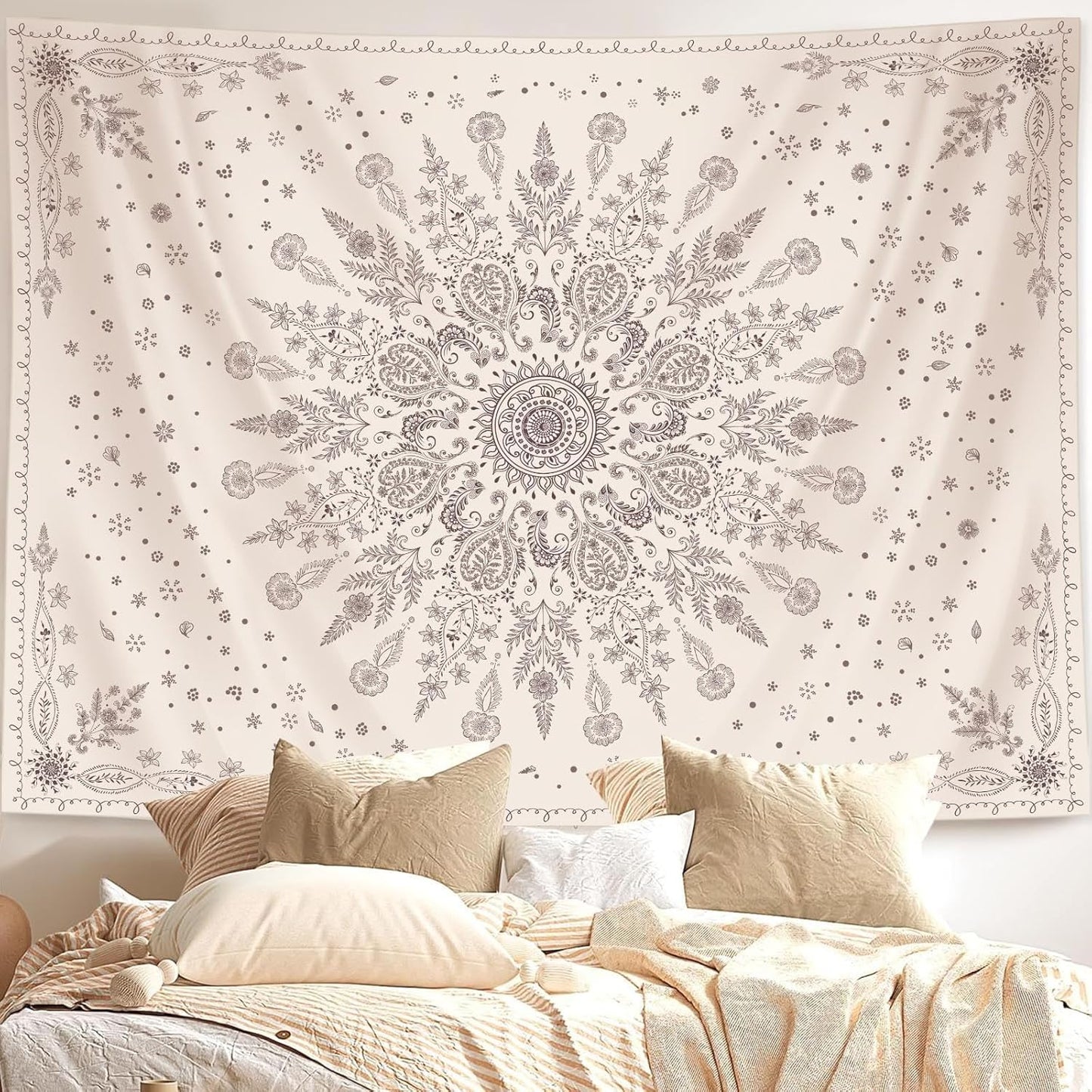 Lunerfex Boho Floral Tapestry Mandala Wall Tapestry, Cute Tapestries for Bedroom Beige Flower Tapestries Wall Hanging for Bedroom Living Room Decor Beige-1 44"x60"
