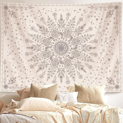 Lunerfex Boho Floral Tapestry Mandala Wall Tapestry, Cute Tapestries for Bedroom Beige Flower Tapestries Wall Hanging for Bedroom Living Room Decor Beige-1 70"x90"