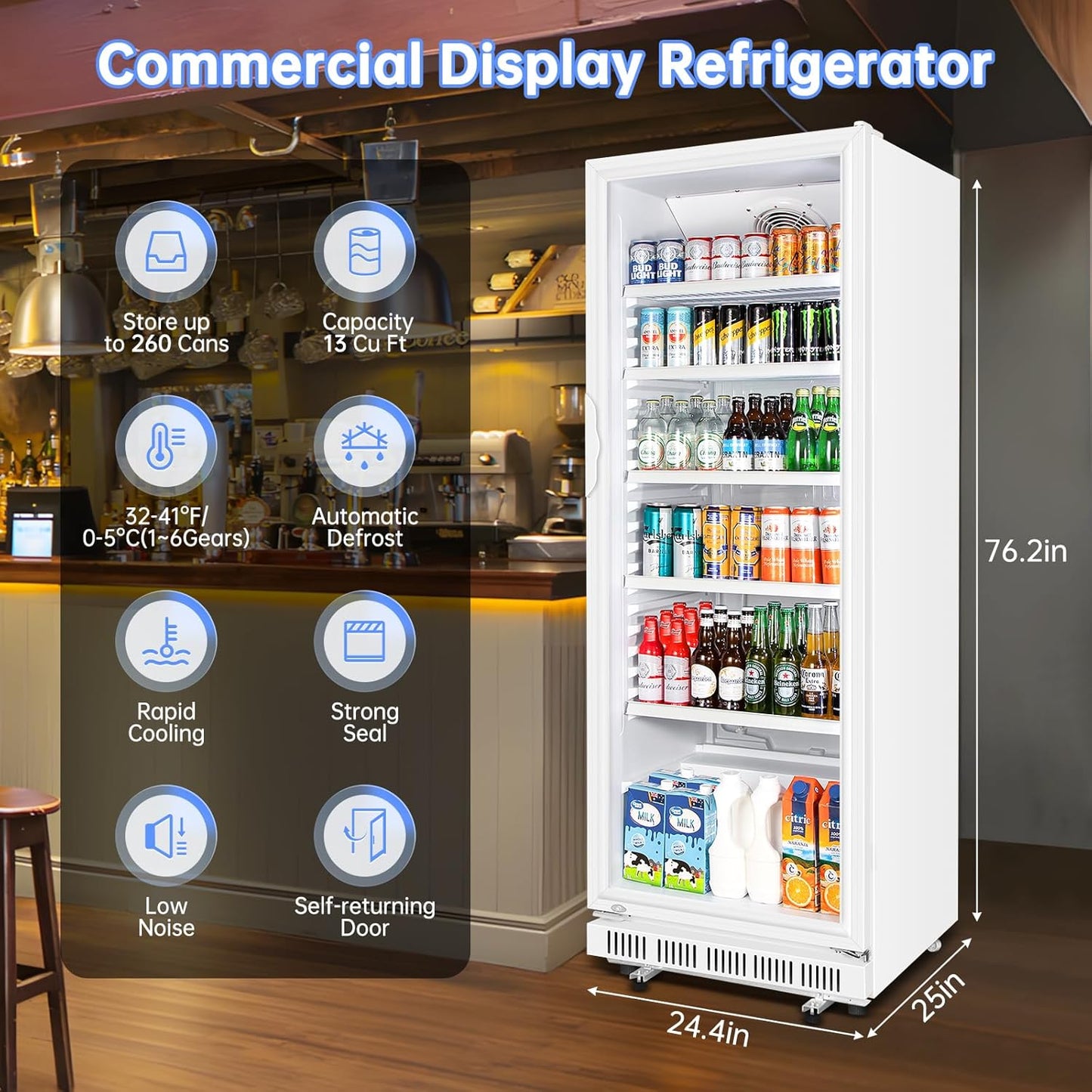 Commercial Beverage Refrigerator, 24.5 Inch 15 Cu. Ft. Drink Fridge, Display Refrigerator with Glass Door, Commercial Display Fridge with 5 Adjustable Shelves, for Shops, Restaurants, Bars