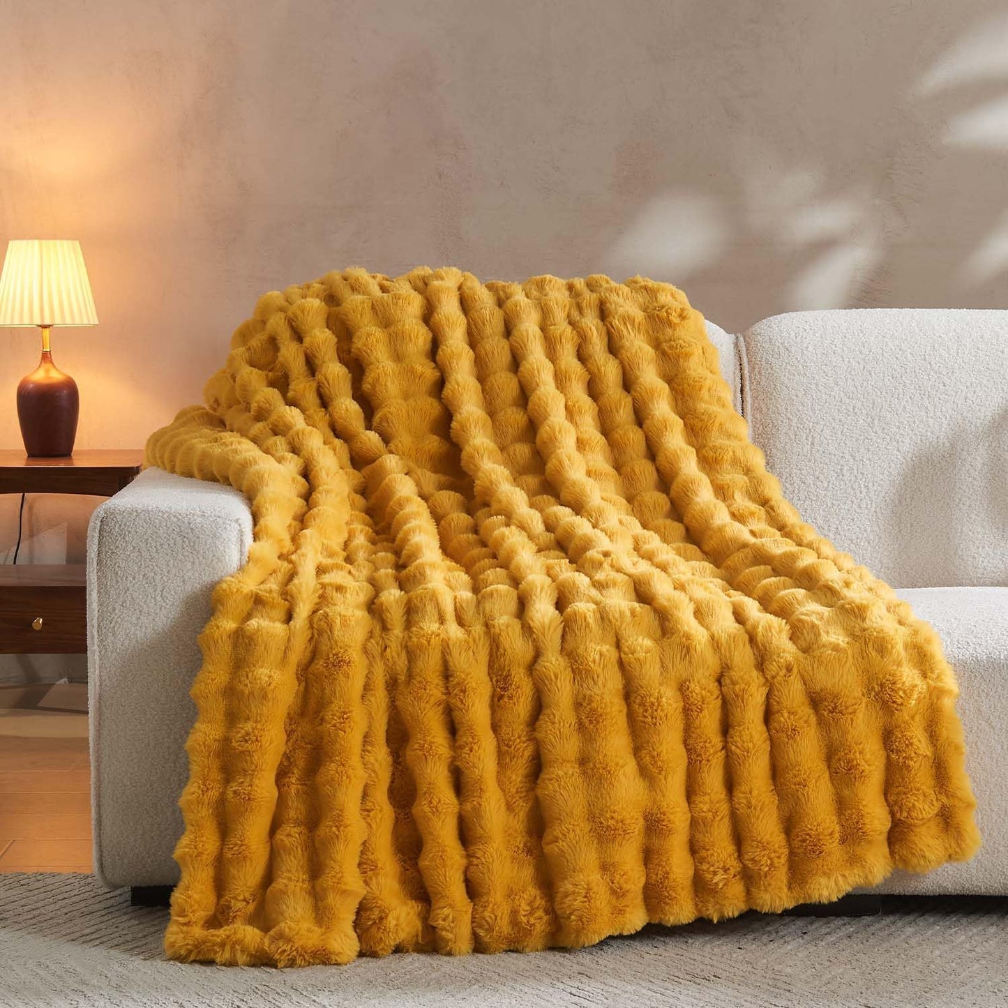 Lotus Karen Faux Fur Throw Blanket Ginger Yellow - Big Bubble Rabbit Fluff Blanket for Couch Bed Sofa,Softest Fluffy Fuzzy Cozy Blanket,Thick Furry Plush Shaggy Warm Blankets for Women,90x90 Inches