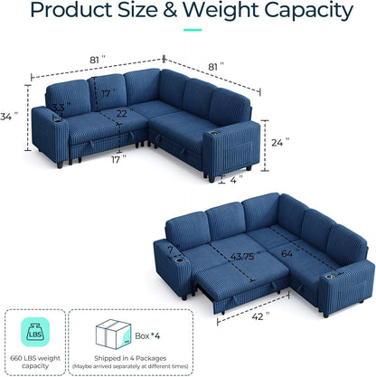 LINSY HOME Sectional Sleeper Sofa with Pull Out Couch Bed - Convertible Plush Corduroy Cloud Couch with Storage Chaise & USB Charging, Comfy L Shaped Modular Couches for Living Room Apartment, Blue