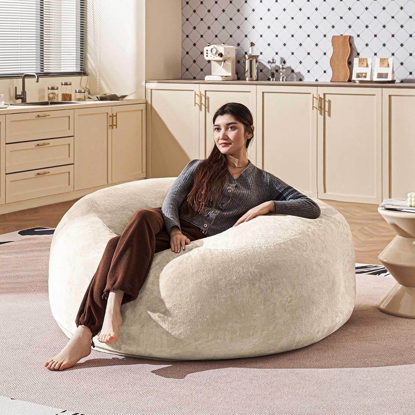 Bean Bag Chair 5Ft, Memory Foam Filled, Large Beanbag Chairs for Adults and Teens, Soft Sofa with Removable Flannel Cover, Round Couch for Living Room Bedroom College Dorm (Apricot, 5FT-60×60"×24")