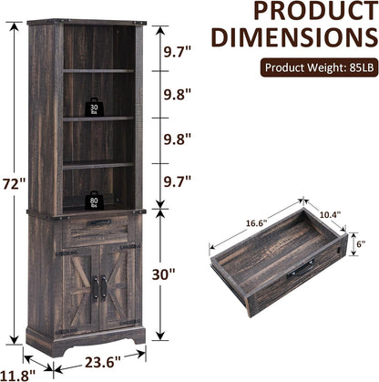 OKD 72'' Tall Bookshelf with Storage, Farmhouse 4 Tier Bookcase w/Barn Door, Adjustable Shelves and Drawers, Rustic Wooden Office Bookshelves for Home Bedroom, Living Room, Library (Dark Rustic Oak)