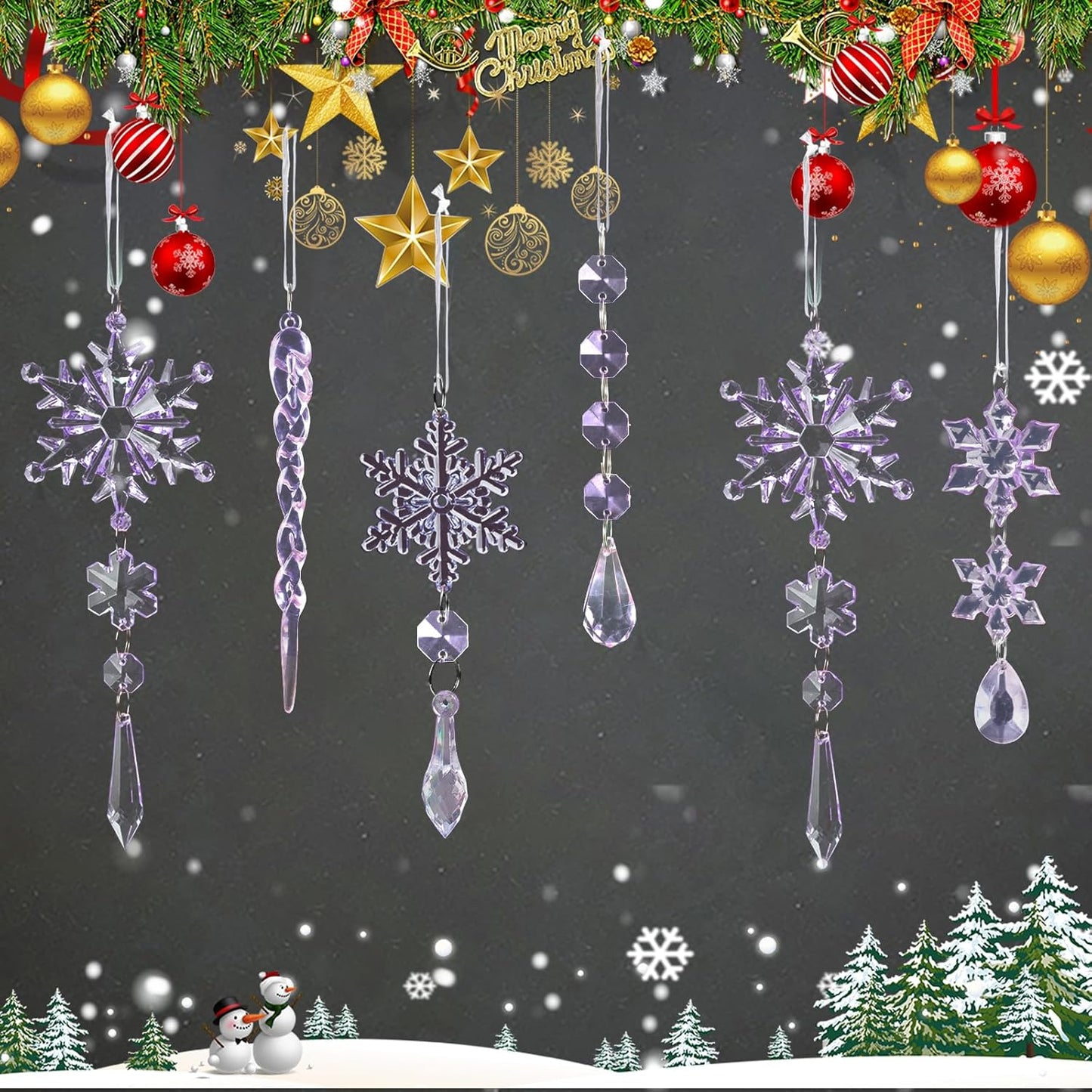 32pcs Crystal Christmas Ornaments for Christmas Tree Decorations-Purple Hanging Acrylic Snowflake and Icicle Ornaments with Drop Pendants for Xmas Winter Wonderland New Year Party Decorations Supplies