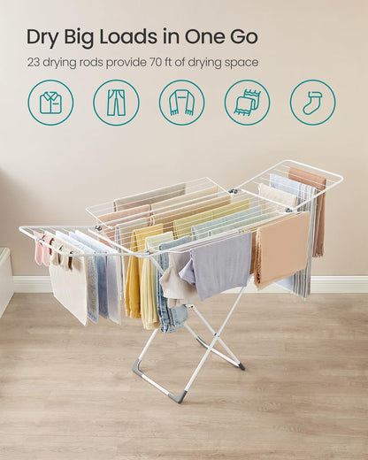 SONGMICS Clothes Drying Rack, Metal Laundry Drying Rack, Foldable, Space-Saving, Free-Standing Airer, with 4 Gullwings, Indoor Outdoor Use, Bed Linen Clothing, White ULLR541W01