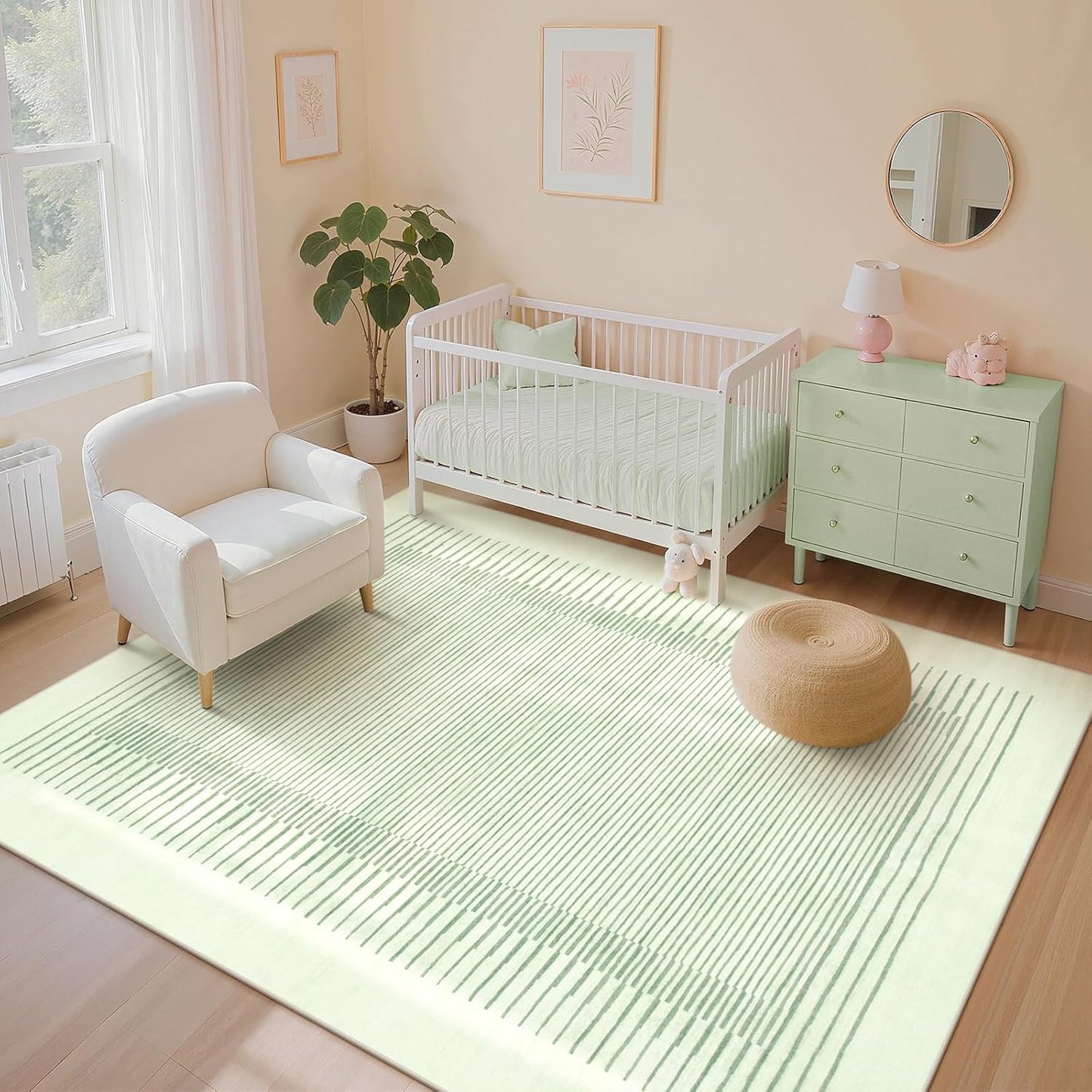 Wonnitar Washable Striped 5x7 Living Room Area Rug, Non-Slip Green Berber Stripe Rugs for Bedroom, Low Pile Soft Minimalist Floor Carpets for Kids Nursery Room Dining Room (Green,5' x 7')