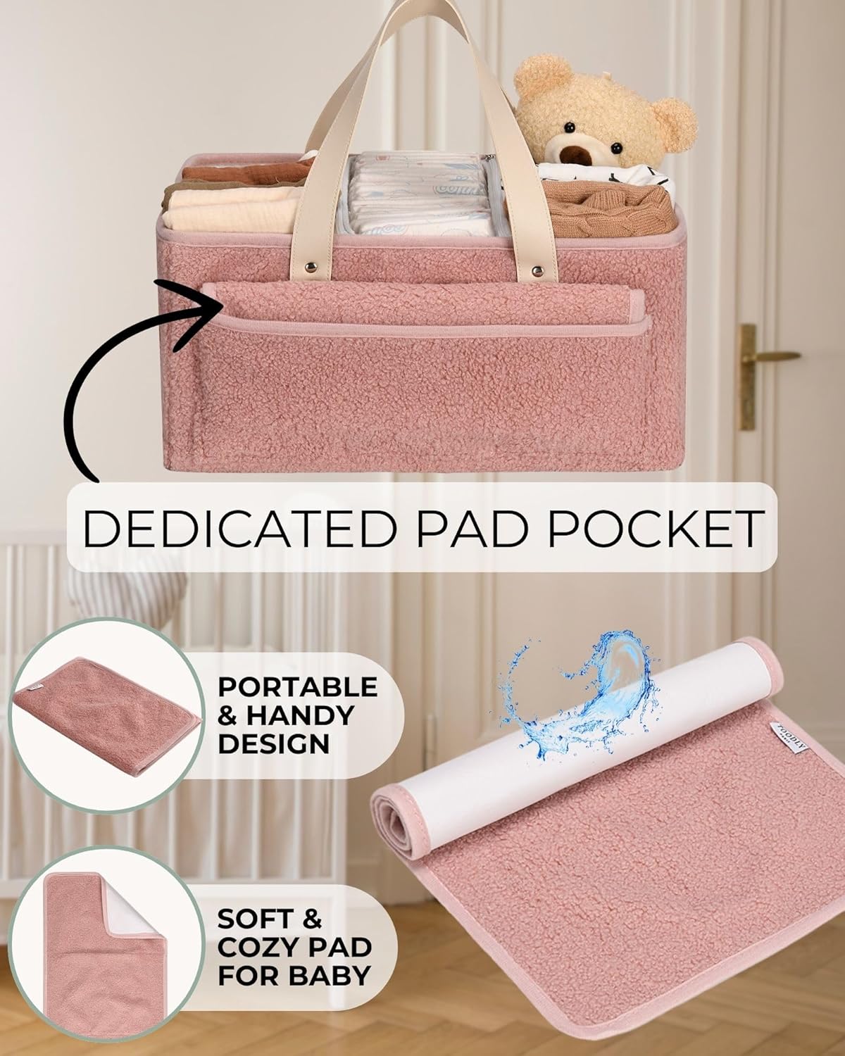 Baby Diaper Caddy Organizer with Portable Changing Mat - Teddy Fleece Diaper Organizer for Changing Table - Basket for Changing Essentials - Baby Essentials Organizer with Removable Dividers