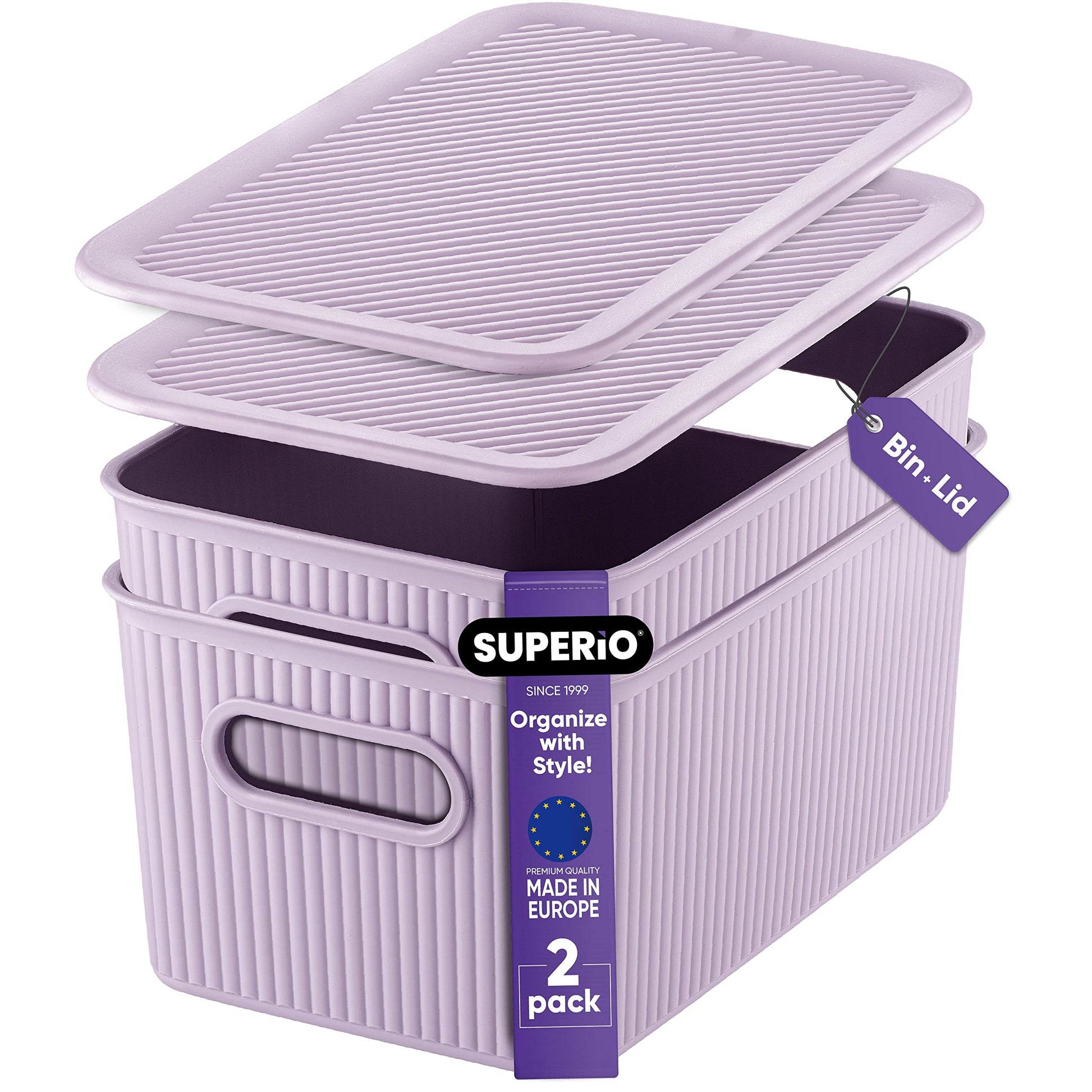 Superio Ribbed Collection - Decorative Plastic Basket Lidded Home Storage Bins Organizer, Medium