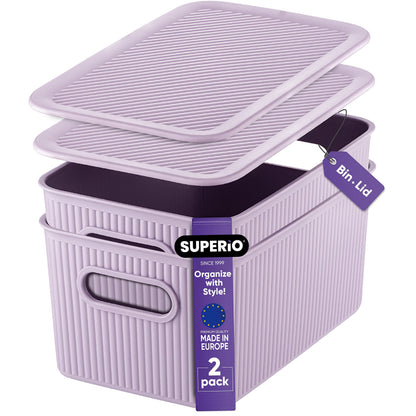 Superio Ribbed Collection - Decorative Plastic Basket Lidded Home Storage Bins Organizer, Medium