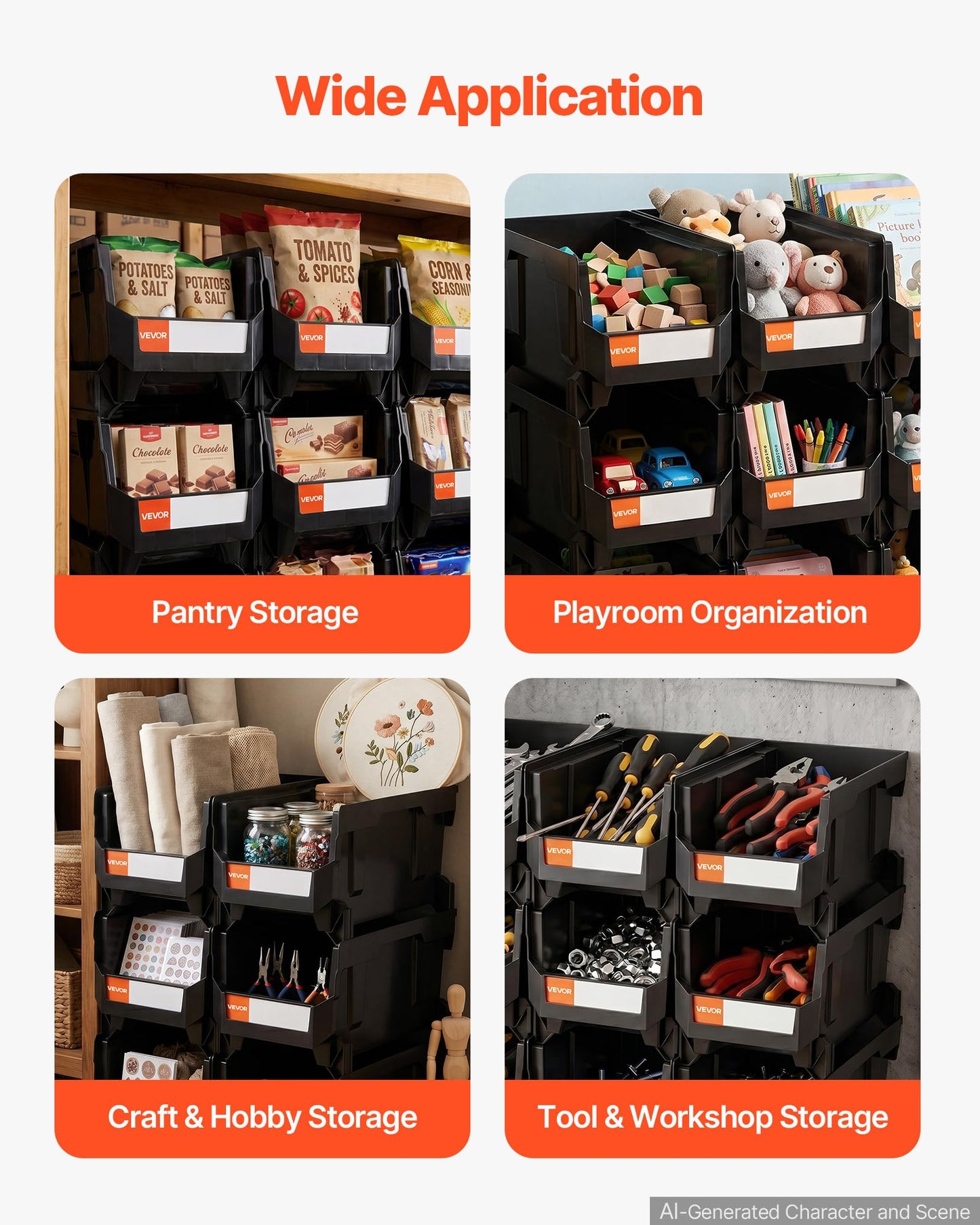 VEVOR Plastic Stackable Storage Bins, 14.8 x 8.5 x 7.1 inch (6 Pack), Plastic Containers for