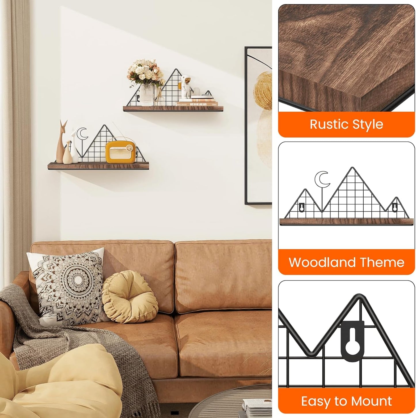 Homode Floating Shelves, Set of 2 Mountain Wall Shelves, Rustic Wood Display Storage Shelf with Metal Wire, Geometric Decor for Bathroom, Nursery, Bedroom, Office, Brown and Black