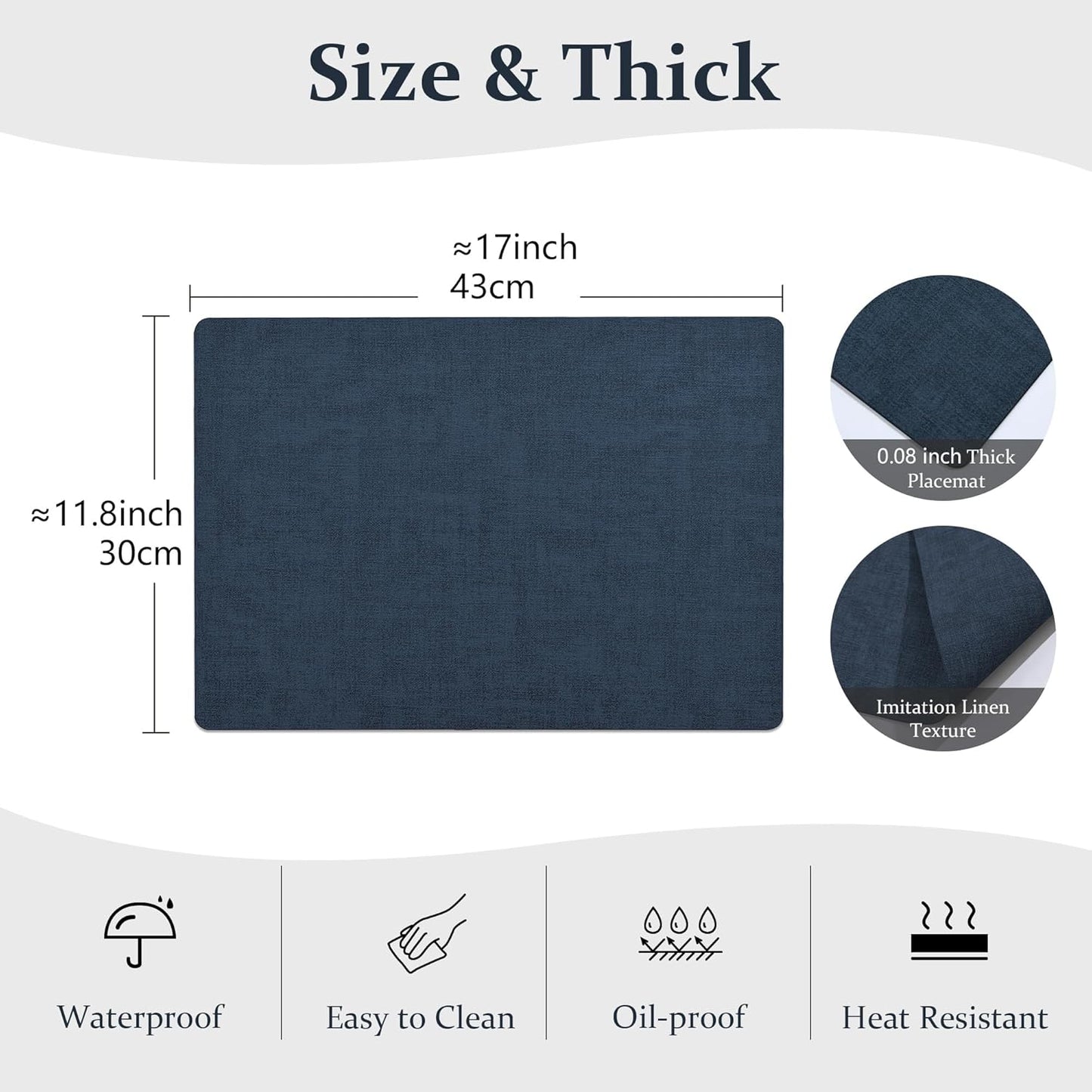 FROMHEART Faux Leather Placemats Set of 12–Waterproof,Heat/Oil Stain-Resistant PU Table Mat–Reversible,Non-Slip,Easy to Clean Place Mats for Kitchen,Dining,Indoor/Outdoor,(Dark Blue,11.8" x 17")