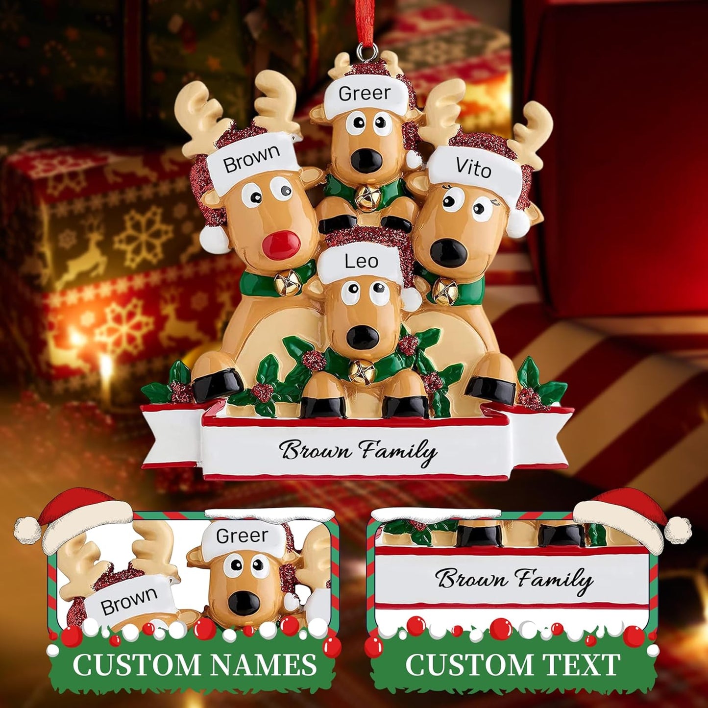 Personalized Christmas Ornaments 2025, Custom Reindeer Family Ornaments for Trees with Names, Handcrafted Christmas Deer Decorations for 2-8 Members, Meaningful Xmas Family of 4