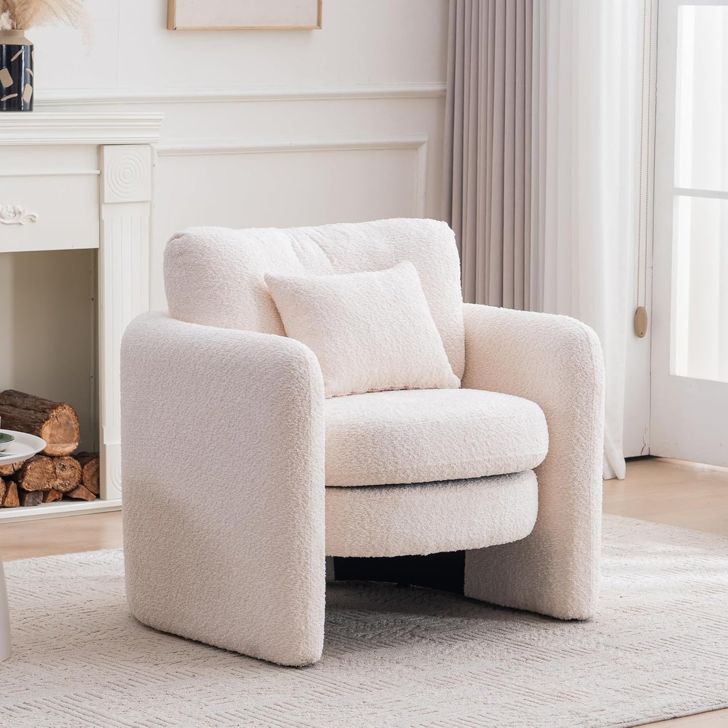 Chenille Accent Armchair Oversize Upholstered Barrel Comfy Modern Round Lounge Sofa Chair with Pillow Cozy Reading Chairs for Apartment,Office,Living Room,Dining,Makeup,Club,Beige