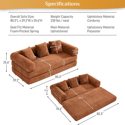 Convertible Sleeper Sofa Bed with Pillow, 4-in-1 Corduroy Folding Mattress Couch with Fixed-Shape Frame, Futon Fold Out Floor Sofa Cama Lounge Couch for Living Room Bedroom, Orange
