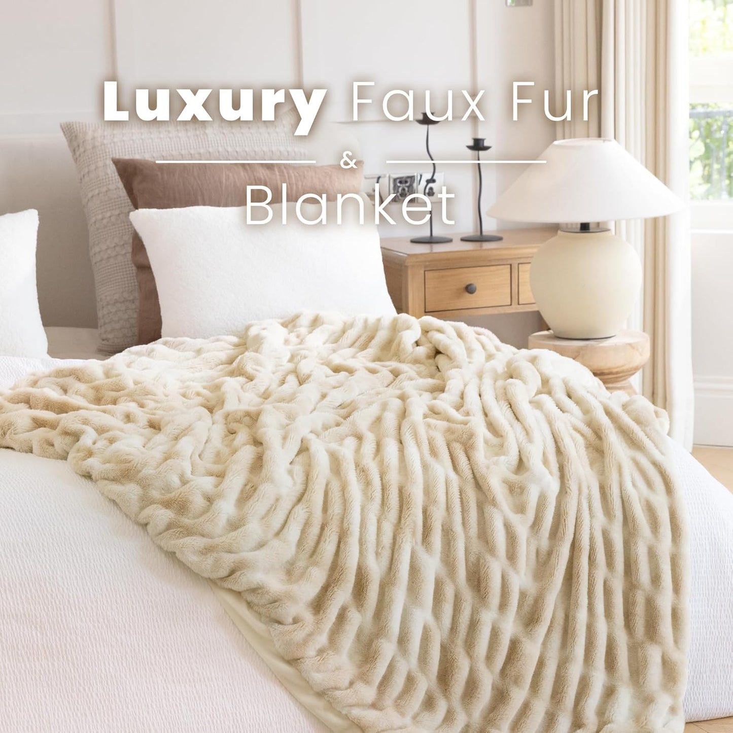 Faux Fur Blanket, Twin Size Oversized Throw Blanket for Couch, Fluffy Blanket with Stretch Ruched Design, Ultra Soft Giftable Home Decor, 60x80 inches, Tie-Dyed in Khaki