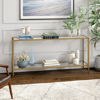 Henn&Hart 64" Wide Rectangular Console Table with Glass Shelf in Brushed Brass, Entryway Table, Accent Table for Living Room, Hallway