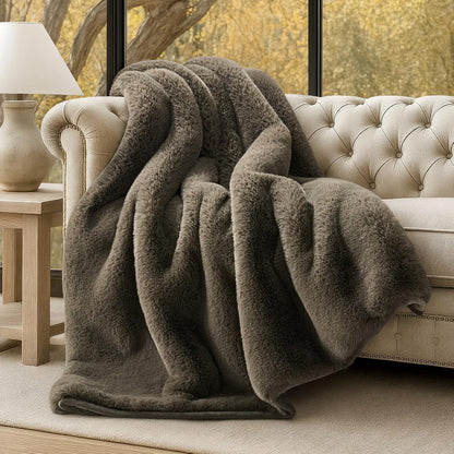 Luxury Soft Faux Chinchilla Fur Throw Blanket for Couch, Warm Thick Heavy Winter Throw Blanket 1220GSM for Bed, Fluffy Cozy Mink Blanket with Reversible Velvet, Smoky Sable, 60"x80"
