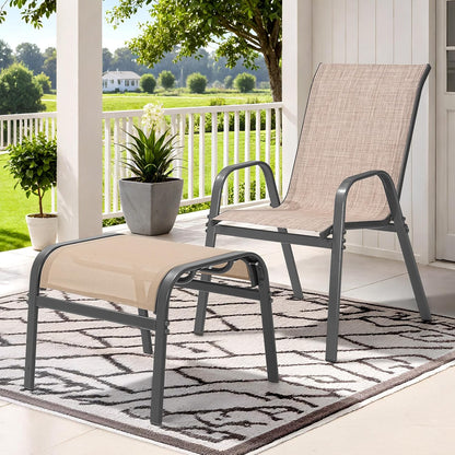 Outdoor Ottoman Set of 2, All Weather Outdoor Foot Stool with Supportive Textliene and Metal Frame, Stackable Oversized Outdoor Foot Rest for Furniture Patio Garden Pool, Beige