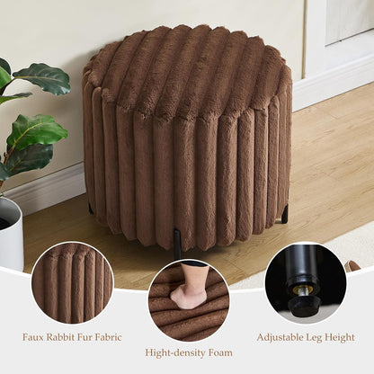 Furniliving Modern Round Ottoman, Large Size Bedroom Ottoman Footstool Round Ottomans Stool for Living Room, Bedroom, Makeup Room, Brown, Faux Fur