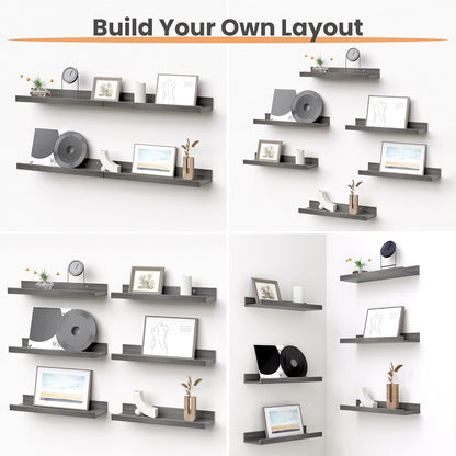 upsimples Floating Shelves for Wall, Wall Shelves for Decor Storage Set of 6, Wall Mounted Wood Shelf for Bedroom, Living Room, Bathroom, Kitchen, Picture Ledge Shelf, Grey