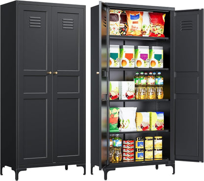 Metal Storage Cabinet with Doors and Shelves,Black Storage Cabinet with Leg,Metal Pantry Cabinets,Ventilated Pantry Closet,Tall Large Cupboard for Home,Kitchen,Dining/Living/Laundry Room