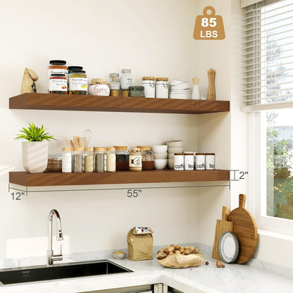 Heimlove 12" Deep Floating Shelves for Wall Shelf Over Toilet Wall Mounted Farmhouse Long 55 inches Set of 1, Farmhouse Shelves with Invisible Brackets for Living Room, Kitchen, Bedroom,Walnut