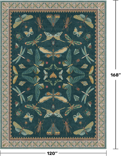 Teal Green Living Room Rugs - 10x14 Large Area Rug for Dining Room, Big Bedroom, Playroom Kids, Foldable Insect Décor