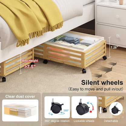 Under Bed Storage with Wheels-Large Bamboo Underbed storage Containers with Large Dust Bag Stackable Under the Bed Shoe Storage Bins for Clothes Books Bedding (2 Packs Nature, 33.07"L×16.54"W× 6.5"H)