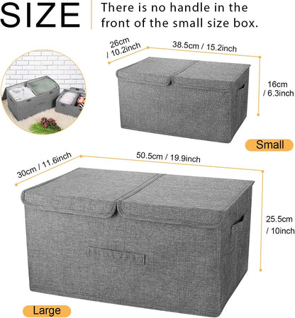 2 Pack Large Storage Boxes with Lids and Handles, Collapsible Linen Storage Bins Organizer Containers Baskets Cube with Removable Divider for Home Bedroom Closet Office (Cream, Small)