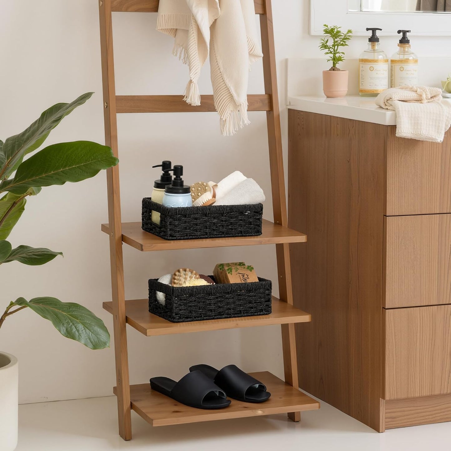 StorageWorks Small, Pantry Baskets, Wicker Storage Baskets for Organizing, Bathroom Shelves, Pantry Organizers and Storage, Black, 2-Pack