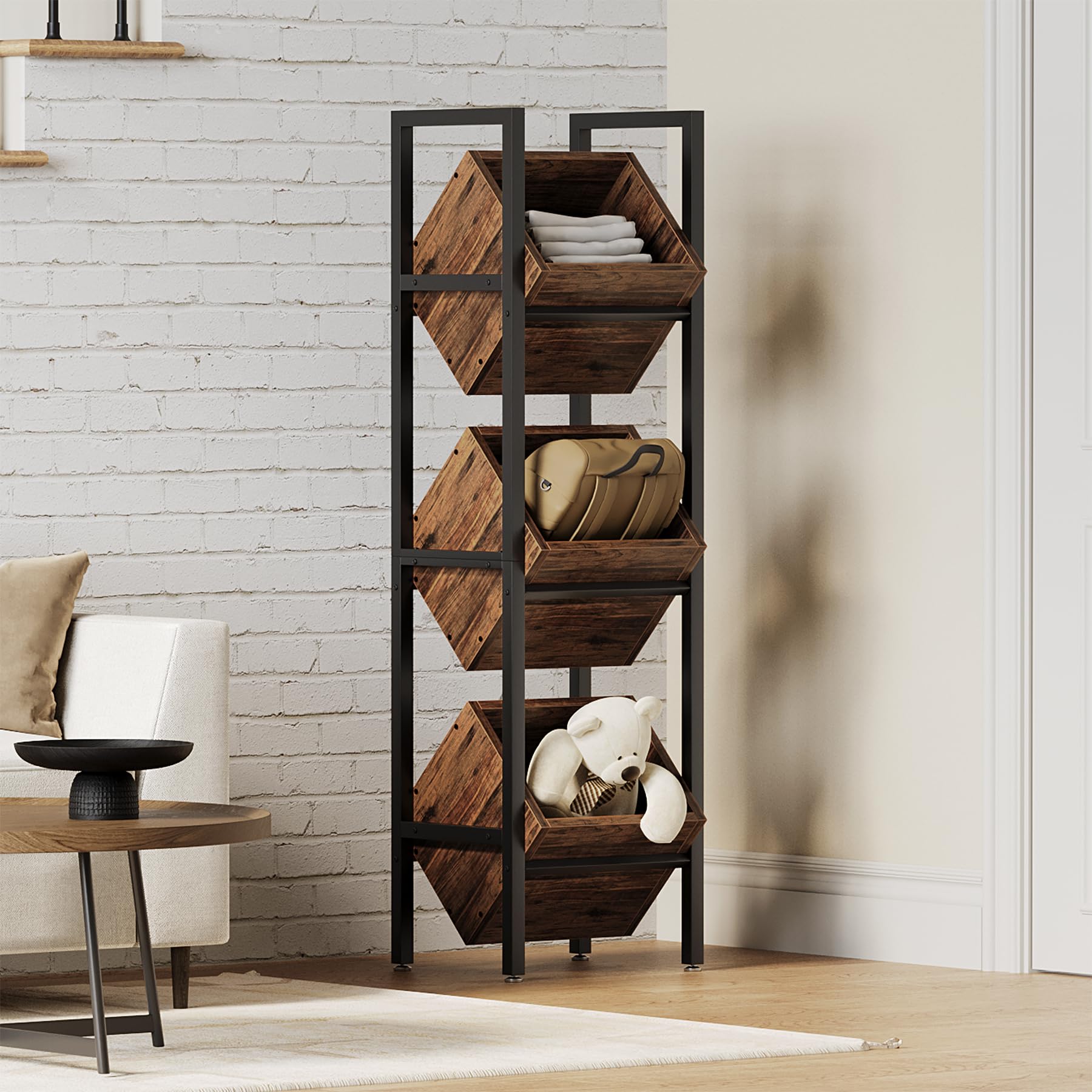 LITTLE TREE 3-Tier Basket Stand, Wooden Floor Stand Shelving Unit, Standing Organizer Storage Rack