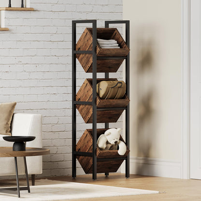 LITTLE TREE 3-Tier Basket Stand, Wooden Floor Stand Shelving Unit, Standing Organizer Storage Rack