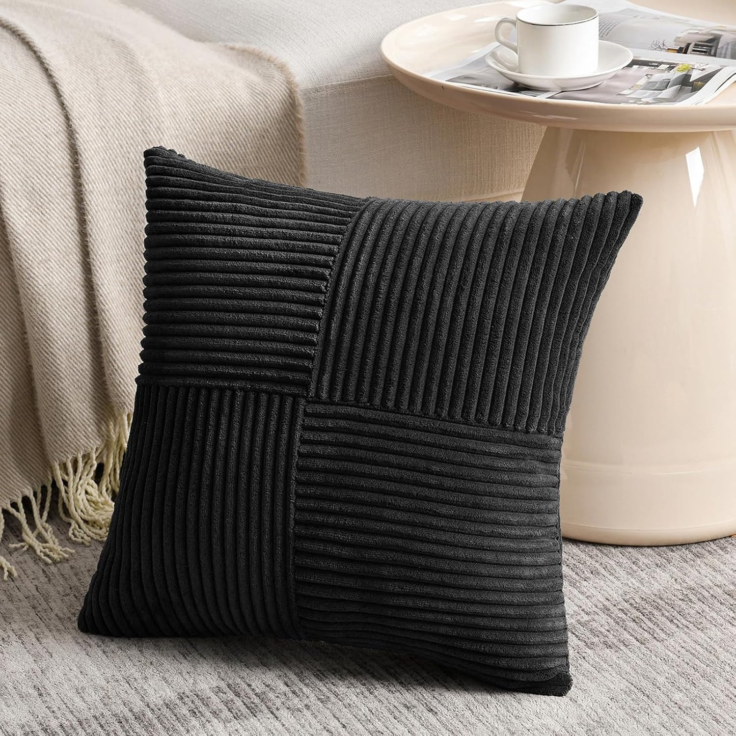 Fancy Homi 2 Packs Black Euro Decorative Throw Pillow Covers 28x28 Inch for Couch Bed Sofa, Rustic Farmhouse Boho Home Decor, Soft Corss Corduroy Patchwork Textured Square Cushion Case 71x71 cm