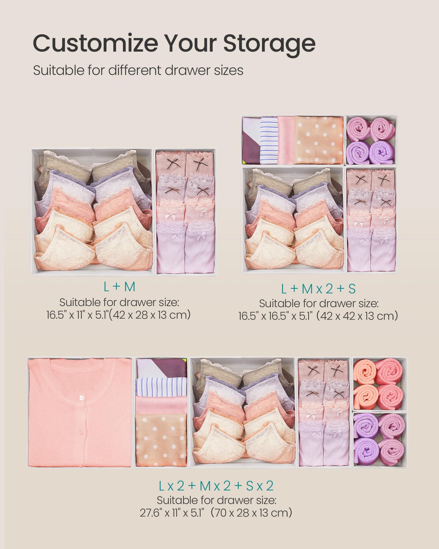 SONGMICS Drawer Organizer,Dresser Drawer Organizers, Set of 12, Foldable Fabric Storage Bins for