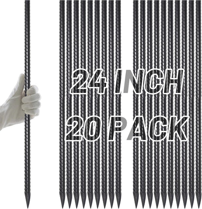 AAGUT Rebar Stakes 24 Inch Straight Garden Plant Stakes (20 pcs) 1/2" Thickness, Heavy Duty Metal Spikes for Concrete Forming, Landscape Timber, Fence, Ground Anchors with Chisel Point End, Black