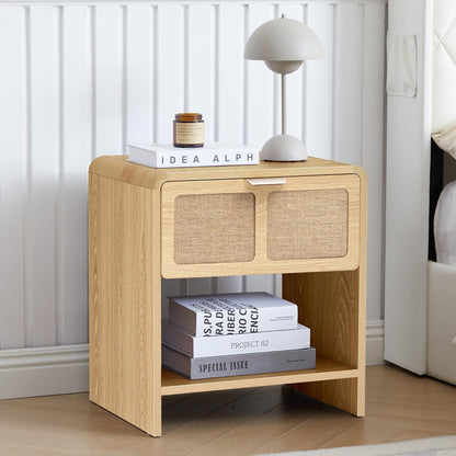 LEVNARY Nightstand Set of 2, Mid-Century Modern Bedside Table with Charging Station and Fabric-Like Textured Drawer, Wooden End Table for Farmhouse Bedroom Living Room (2, Natural)