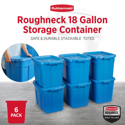 Rubbermaid Roughneck Tote 18 Gal, 6 Pack, Made in USA, Heritage Blue, Rugged Plastic Stackable