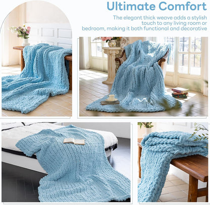 Chunky Knit Blanket - Luxury Soft Cozy 40 * 50 Throw Blanket,100% Woven Blanket Rope Knot Throw Blanket for Couch, Sofa, Home Decor, Gift - Machine Washable（Light Blue）