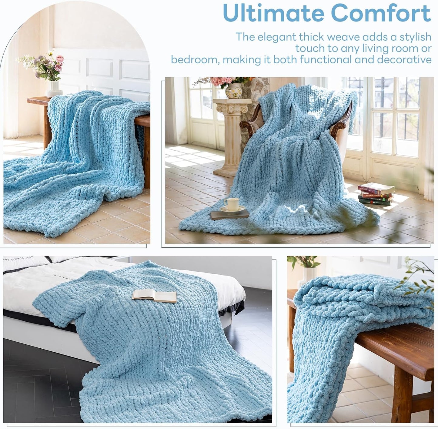 Chunky Knit Blanket - Luxury Soft Cozy 60 * 80 Throw Blanket,100% Woven Blanket Rope Knot Throw Blanket for Couch, Sofa, Home Decor, Gift - Machine Washable（Light Blue）