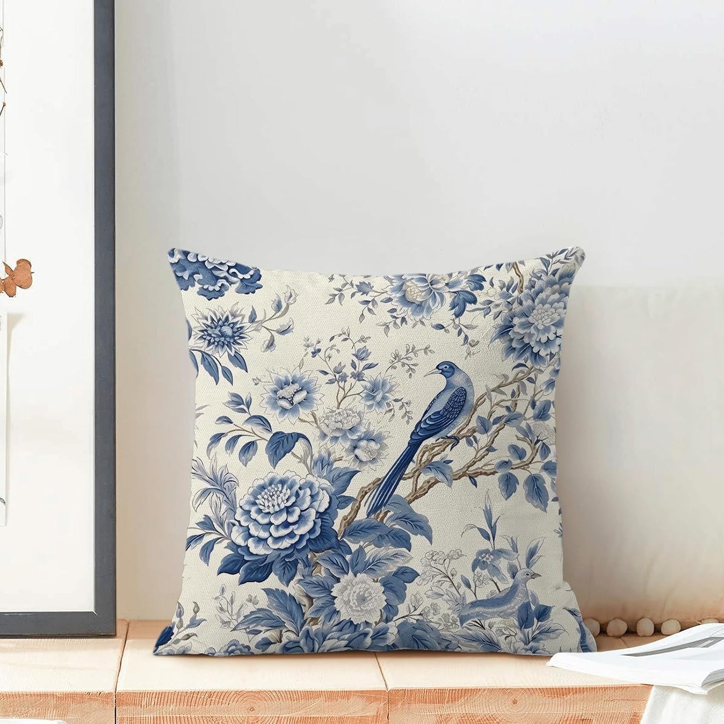 CXMEIFLY Spring Floral Pillow Covers 20 x 20 Inch Set of 2 for Chinoiserie Flowers Bird Decor Throw Pillows Vintage Blue and White Plant Outdoor Decorative Cushion Cases for Couch Bed Decorations