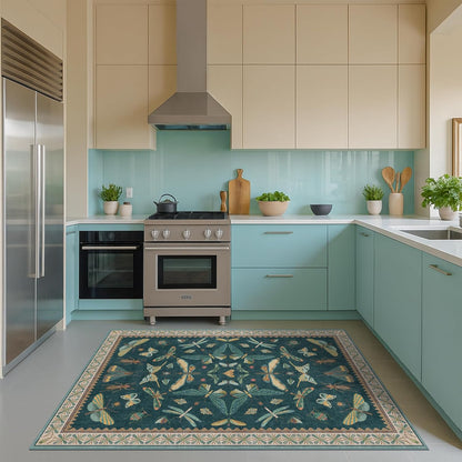 Dark Teal 4x6 Area Rugs for Door Mat Entrance - Vintage Floor Rug for Entryway, Mudroom Kitchen, Floral Forest Insect Print, Washable Low Pile Non-Slip Stain Resistant