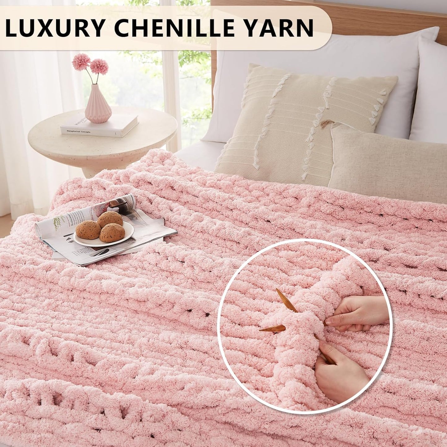 L'AGRATY Chunky Knit Blanket Throw: 72''x84'' Chenille Chunky Knitted Throw Blanket for Bed Couch - Handmade Thick Big Cable Knit Blanket - Large Chunky Crochet Rope Blanket for Home Decor(Pink)