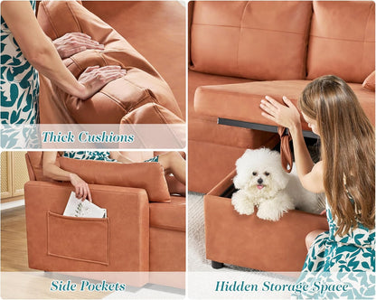 VanAcc Sleeper Sofa, Sofa Bed- 2 in 1 Pull Out Couch Bed with Storage Chaise, Sofa Sleeper Couch for Living Room, Brown Leathaire