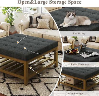 Large Square Ottoman Coffee Table, Linen Solid Upholstered Footrest Ottoman with Solid Wood Shelf Storage Tufted Coffee Table for Bedroom Living Room, Dark Gray