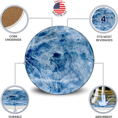 Emerson Coasters for Drinks Absorbent – Natural Stone Drink Coasters Set with Holder, Coasters for Coffee Table, Wooden Tabletop Protection Marble Style – 100% Heavy Duty Set of 6 (Glacier)